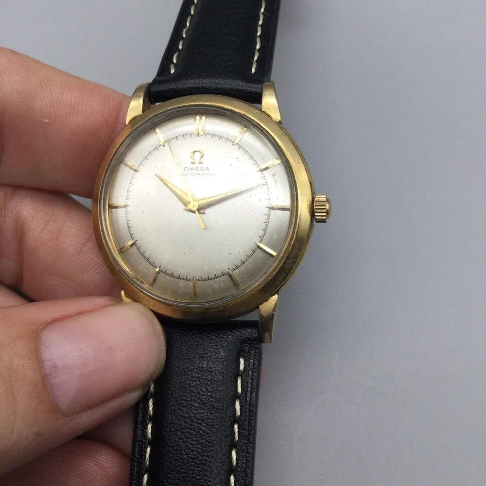 Vintage Omega Bumper Automatic Mens Watch 34mm Gold Plated Leather 17 Jewels